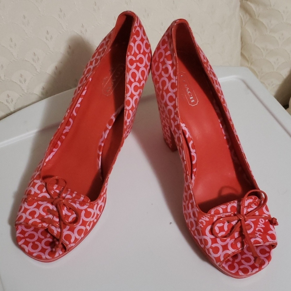 Coach Canvas Logo Peeptoe Heels - RED -  size 8